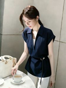 QFN | Pseudo Two-Piece Stylish French Pinched Waist Shirt Blue