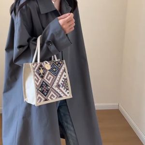 Women Travel Office Outer Sling Linen Handbag Large Capacity Embroidery Ethnic Style Canvas Bag Fashion Storage Bag Print Mommy Bag Printing Cloth Lunch Bag Picnic