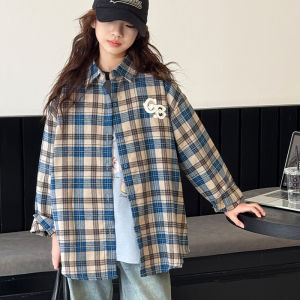 Girls Shirt Spring Thin Loose Plaid Collar Versatile Outerwear Top for Children Ages 3-14 Casual Style Long Sleeve Blue And Yellow Checkered
