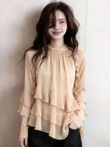 QFN | Elegant Flattering Apricot-colored Ruffle Sleeve Blouse