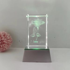 Crystal Inner Carved Rose Cube Inside Glass Laser Engraving Craft Souvenir Gifts for Lover Office Desktop Paperweight Decoration
