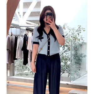 Classic Style Color Matching Short Sleeve Ice Silk Sweater Womens Plus Size Slightly Oversized Girls Hide Fat and Tummy Figure Flattering V-neck Tops Summer