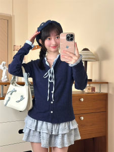 Fresh Butterfly Knot Long Sleeve V-Neck Knitted Cardigan Womens Korean Style College Wind Splice Polyurethane Edge Outerwear