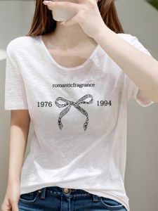 White Linen Short Sleeve T-Shirt Womens Summer New Loose Big round Neck Bamboo Cotton Linen Body Shirt Korean Style Printed