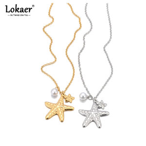 Lokaer Exclusive Design Handmade Jewelry Ocean Style Pearls Starfish Shell Pendant Necklace Stainless Steel Women Jewelry N25013