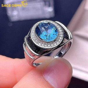 SACE GEMS Resizable 8*10MM Sky Blue Topaz Luxury Ring for Man 925 Sterling Silver Wedding Engagement Fine Jewelry Gift