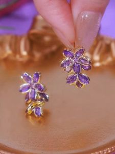 Elegant Violet Flower Leaf Earrings Womens Fashion Jewelry Purple Crystal Luxury Sensation Personality Small Niche Hoops