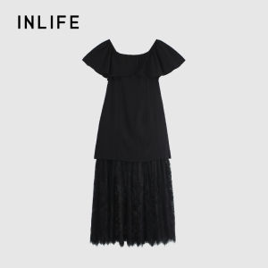 INLIFE | Off-Shoulder Square Neck Two-Way Lace Panelled Waist Slimming Dress