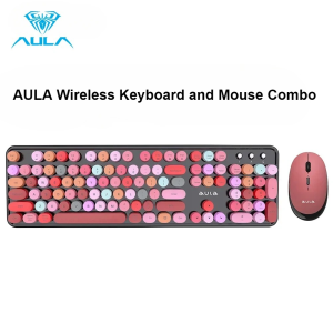 AULA | AULA Wireless Keyboard Mouse Combo 104 Keys Retro Round Keycaps Silent Typing 2.4G Ergonomic Office Gaming Set for PC Laptop
