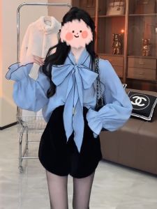 Elegant Retro Long Sleeve Shirt for Plus Size Women with Inner Tank Top Butterfly Knot Neckband and Embellishments