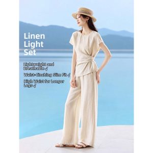 MOHANYIMEI | Linen Blend Summer Womens Suit Short Sleeve Wide Leg Pants