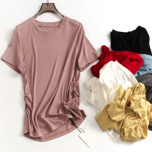 Slim Fit Pure Color Pleated Short Sleeve Womens T-Shirt Comfortable Soft Minimalist Style Summer New Arrival Versatile T-Shirt