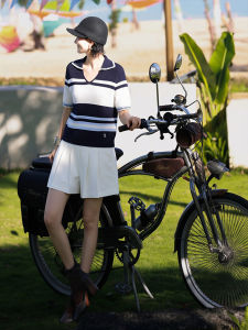 BOGUDU | Stylish and Simple Contrast Stripe Short Sleeve with White Shorts Two Piece Set