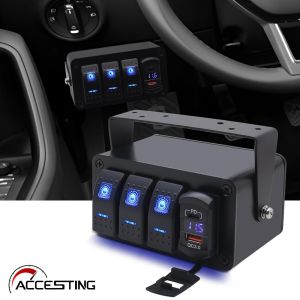 12V/24V Switch Panel IP65 Waterproof 3 Gang On/Off Toggle Switch Panel with Digital Voltmeter PD & QC3.0 Charging Port for RV Marine Boat Car Vehicles Truck