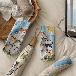 Cute Cat Print Compact Folding Umbrella Waterproof Anti-UV Parasol for Commute & Travel Use