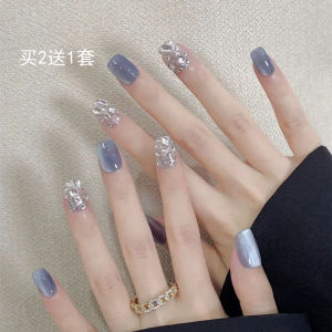 เล็บแต่งตัวแบบสวมใส่ตาแมวสีน้ำเงิน เล็บปลอมสั้นเนื้อเรียบเนียนสไตล์เกาหลี เล็บเสริมความงามพร้อมใช้งาน
