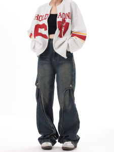 Hioyo Retro Washed Patchwork Mens Jeans Heavy Metal Straight Leg Casual Loose Fit All Seasons Blue Denim Trousers