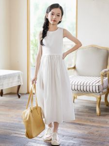 Girls Summer Dress 2023 New Style Little Black Dress Children Waist Cinch Short Sleeve Elegant Long Dress Medium Large Children White Dress