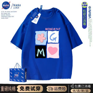 Loose Cotton Short Sleeve T-Shirt Womens Summer New Style Printed Casual round Neck Top Couples Matching Klein Blue Tee