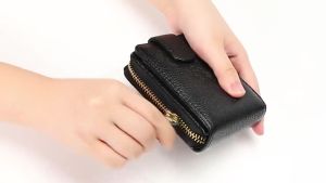 Mens Zipper Black Wallet Genuine Leather ATM Card Holder Multi-Function Driving License Case Large Capacity RFID Card Wallet for men