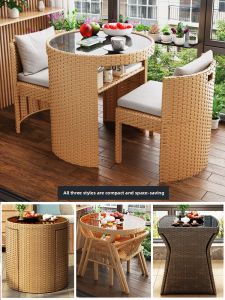 Nordic Style Outdoor Balcony Small Table And Chair Set Tea Table And Chair Combination Outdoor Courtyard Home Leisure Area Arrangement Storage Wicker Chair Three Piece Set
