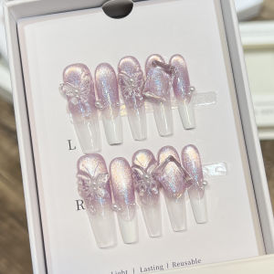 Bộ 10 Móng Giả Hình Chữ T Kiểu Pháp Với Nơ 3D Đính Đá Lấp Lánh Bộ Dụng Cụ Làm Móng Tự Làm Dành Cho Nữ Và Bé Gái