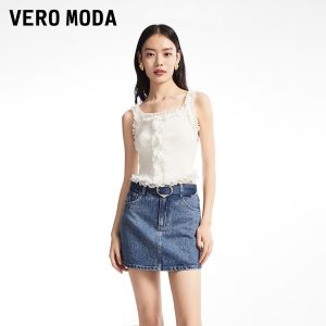 Vero Moda High Waist Short Jeans Street Style Autumn Winter Diamond Embellished Mini Skirt Cotton Blend Zipper Closure