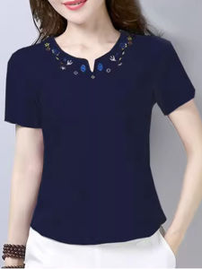 Pure Cotton Short Sleeve T-Shirt Womens Ethnic Embroidery Large Size Stylish Mid-aged Mommy Wear Summer New Style V-neck Tee