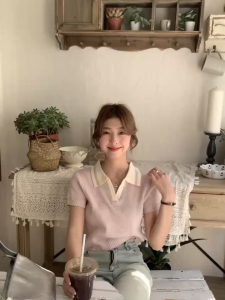 AN-1590 Basic Knitted Tops For Women Collar V-Neck Short Sleeve Casual Blouse Top Polo Shirts Tops Summer Tops