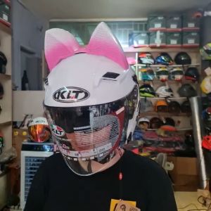 Combo Mũ bảo hiểm 3/4 KLT màu trắng bóng gắn tai mèo to hồng loang trắng