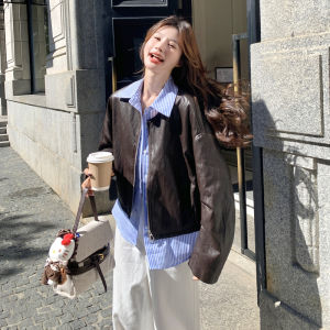 Womens Loose Short Leather Jacket Patchwork Stripe Splicing Coffee Color Autumn New Style Retro High Street Fashion Top
