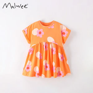 Malwee Princess Dress Summer New Style Childrens Clothing round Neck Short Sleeve Casual Kids Dress Cotton Material
