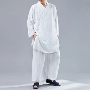 Chinese Style Mens Tang Suit Diagonal Zen Meditation Taoist Robe Cotton and Linen Monk Hanfu Tai Chi Suit Yoga Sportswear