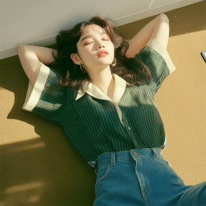 Summer New Green Stripes Short Sleeve Casual Womens Shirt Slimming Loose Fashionable Top High-End Feeling Korean Style