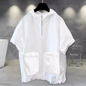 PAZHAOLANG | Plus Size Half Zip Hooded Summer High-end Pure Color T-shirt