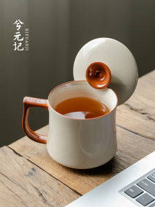 High End Ceramic Tea Cup with Lid Office Use Grass Ash Mark Cup Personal Dedicated Chinese Style Dining Tea Utensils Ice Crack Glaze