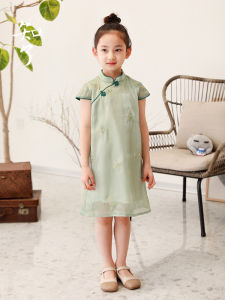 Summer Short Sleeve Embroidered Silk Satin A-Line Cheongsam Dress for Girls Kids Fashion Traditional Chinese Clothing 52187