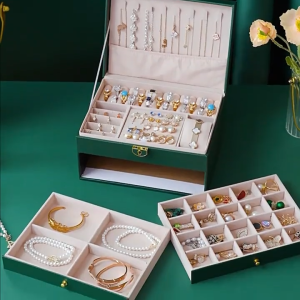 High-End Gold Jewelry Storage Box With Lock Ring Earring Display Organizer Holder PU Leather Kotak Barang Kemas 首饰盒