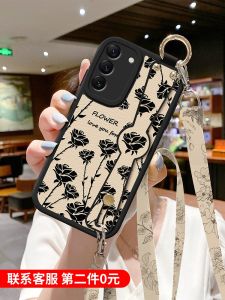 Black Rose S23 Ultra Phone Case with Strap Womens Fashion Simple Protective Cover for Samsung S24 S23 Note20 Ultra S22 S21FE S20 plus