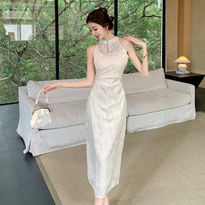 Elegant New Chinese Style Summer Dress Chic Reformed Cheongsam Sleeveless Floral Embroidery Ladylike Long Dress High Waist