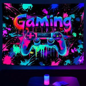 VIKAMA Neon Gamer Blacklight UV Reactive Tapestry Bộ Điều Khiển Trò Chơi Phát Sáng Trong Bóng Tối Nghệ Thuật Treo Tường Cho Bé Trai Phòng Ngủ Trang Trí Phòng Chơi Game