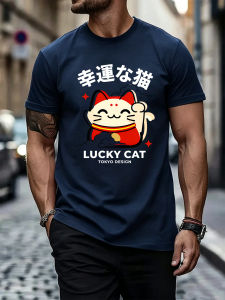Lucky Cat Tokyo Design Printing T-Shirt Men Summer Trendy T Shirts Loose Multicolor Clothes Cotton All-Match Man Sportswear