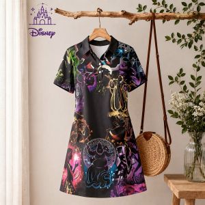 Disney | Womens Disney Princess Print Polo Collar Mini Dress Beach Clothes A-line New Ethereal Costume Store Anime Fashion Kawaii Summer