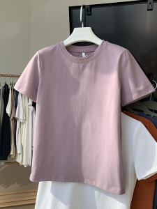 เสื้อยืดคอกลมแขนสั้นผ้าฝ้ายสีม่วงสำหรับผู้หญิงในช่วงฤดูร้อน ทรงหลวม ทรงพอดีตัว ทรงพื้นฐาน สไตล์ลำลอง ทรงเข้ารูป