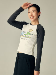 เสื้อยืดแขนยาวคอตตอนระบายอากาศได้ดีพิมพ์ลายสนุกสนานสำหรับผู้หญิง เสื้อผ้าทำงานลำลอง วัสดุโพลีเอสเตอร์ผสมคอตตอน