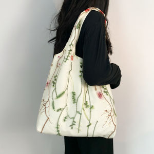 Original Design Embroidered Floral Canvas Vest Bag Casual Shopping Bag Womens Single Shoulder Handbag Trendy Artistic