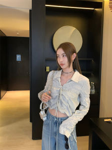 Bubble Texture Layered Tie Shirt Womens Casual Style Korean Early Spring Short Top V-Neck Long Sleeve Slim Fit Cotton Blend