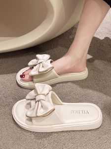 Summer Casual Style Womens Slippers Outdoor Wear Butterfly Knot Beach Sandals Comfortable Anti-Slip Flat Heel PU Leather