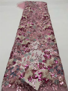 2026 African Nigerian High-Quality Sequins Embroidery Tulle Lace Fabric Sewing Beads Stone for Prom Dresses 5 Yards