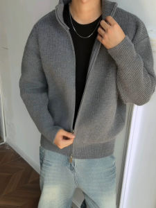 Gray Double Zipper Open Cardigan Sweater Mens Style Autumn Old Money Style Knitted Jacket Cleanfit Coat Loose Fit Short Length
